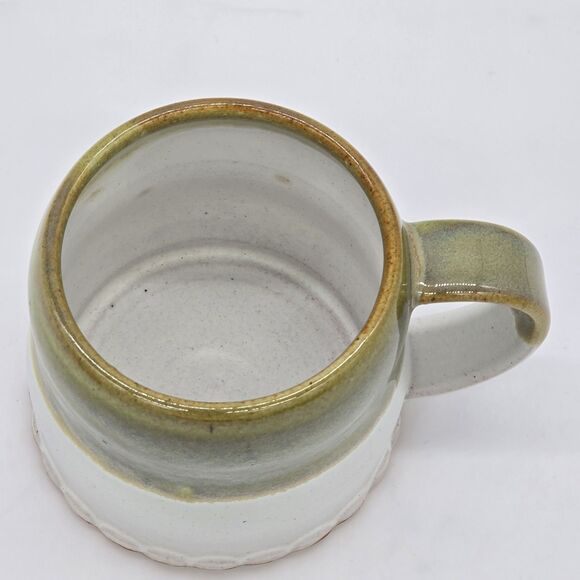 Signed Studio Pottery Mug Green and Cream Ruffled Base - Picture 3 of 4